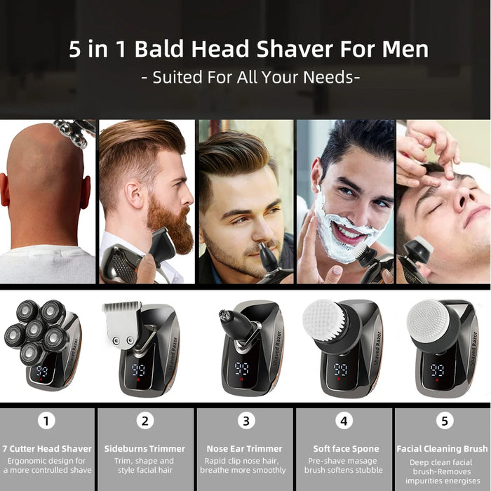 7D Electric Head Shaver for Bald Men High Quality Electric Men's Grooming Kit Cordless Waterproof LCD Head Shavers Rechargeable