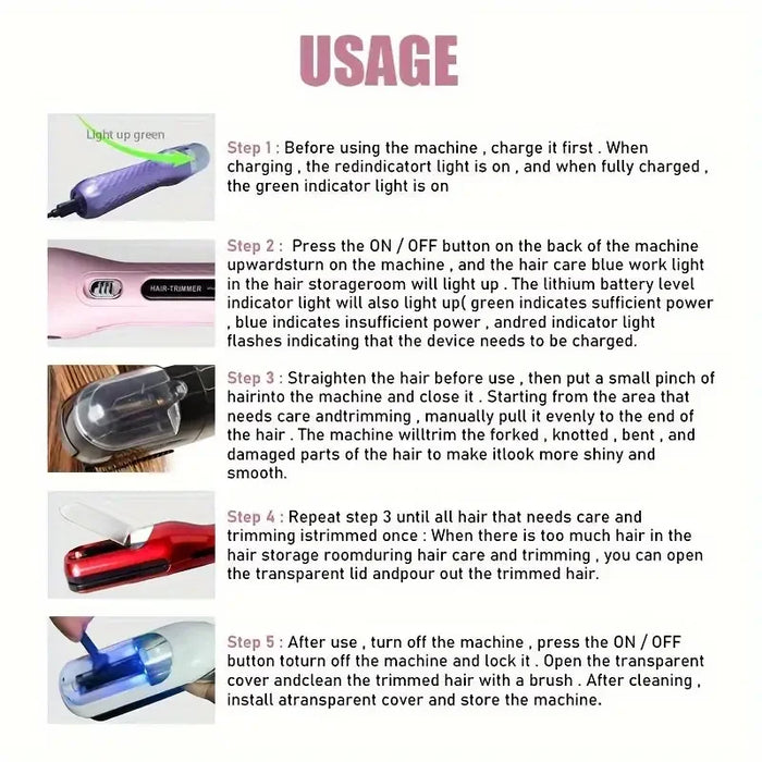 Cordless Hair End Cutting Machine Hair Split Ends Trimmer Automatic Split End Remover Damaged Hair Repair Care Treatment