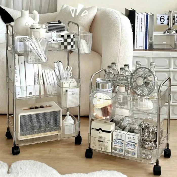 Light Luxury Storage Rack Trolley 2/3/4 Layers Transparent Acrylic Rolling Cart With Removable Hanging Baskets Snacks Bookshelf