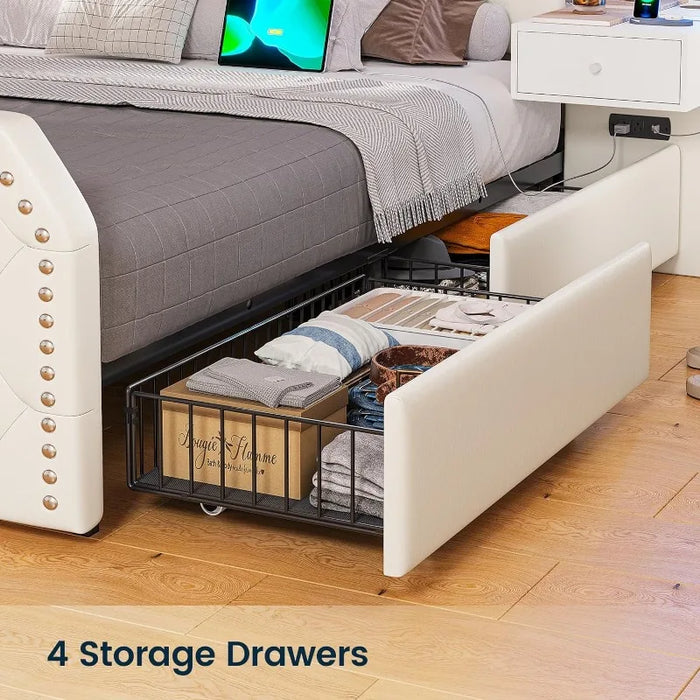 Large 53" with 4 storage drawers, PU leather upholstered queen bed frame, built-in charging station and LED, white