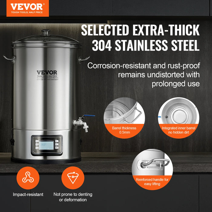 VEVOR Electric Brewing System 8 GALLON Brewing Stock Pot All-in-One Home Beer Brewer 304 Stainless Steel Brewing Supplies