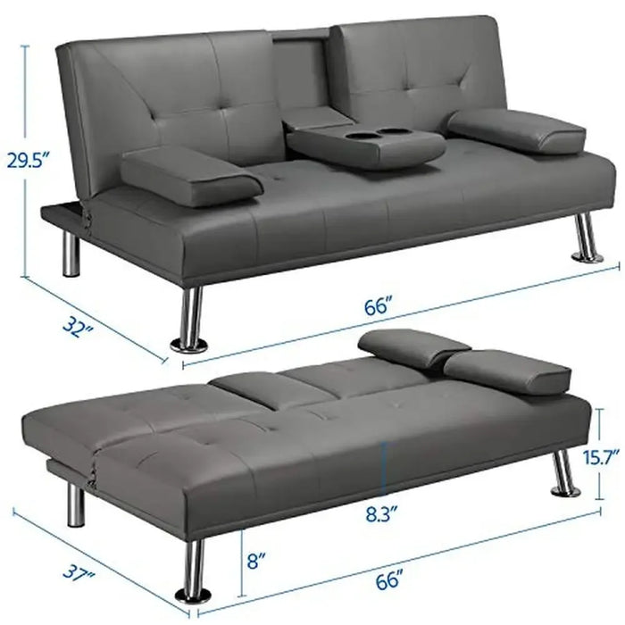 Modern Convertible Faux Leather Sofa Bed Folding Futon Armrest Recliner Home Furniture Living Room Gray 350kg Capacity & 3