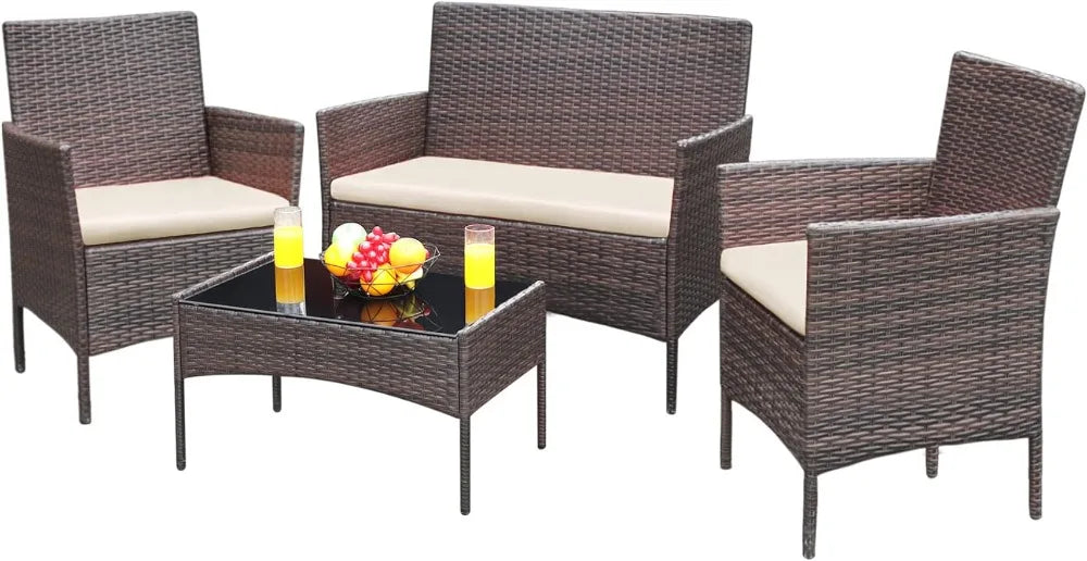 Patio Furniture 4 Pieces Conversation Sets Outdoor Wicker Rattan Chairs Garden Backyard Balcony Porch Poolside loveseat with