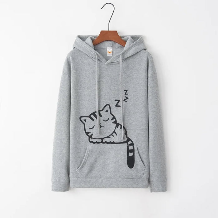 Winter Women's Sweatshirt Cute Cat Ears Hooded Sweatshirt Fashion Cat Print Casual Long Sleeve Pullover Top Daily Commute