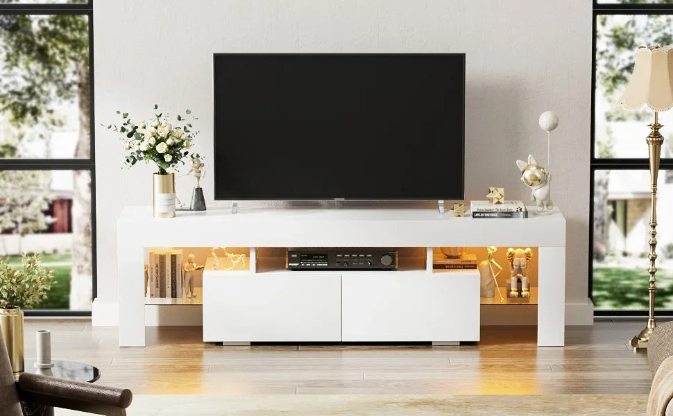 Modern LED TV Stand for Televisions up to 70 Inch with Glass Shelves and Drawer, Gaming Entertainment Center with Multiple