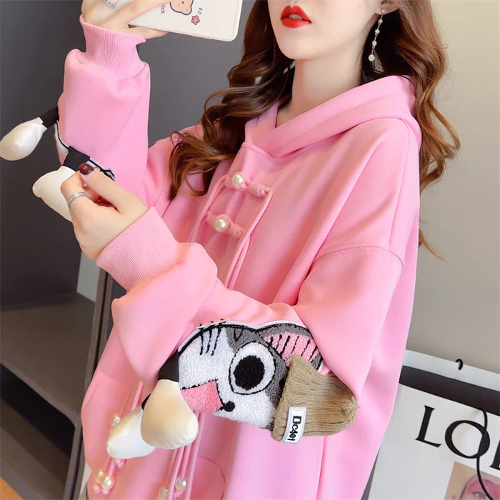 Cute Cat Hoodies Women Fashion Loose Sweatshirts Autumn Winter Female Casual Embroidery Hooded Long Sleeve Tops Streetwear