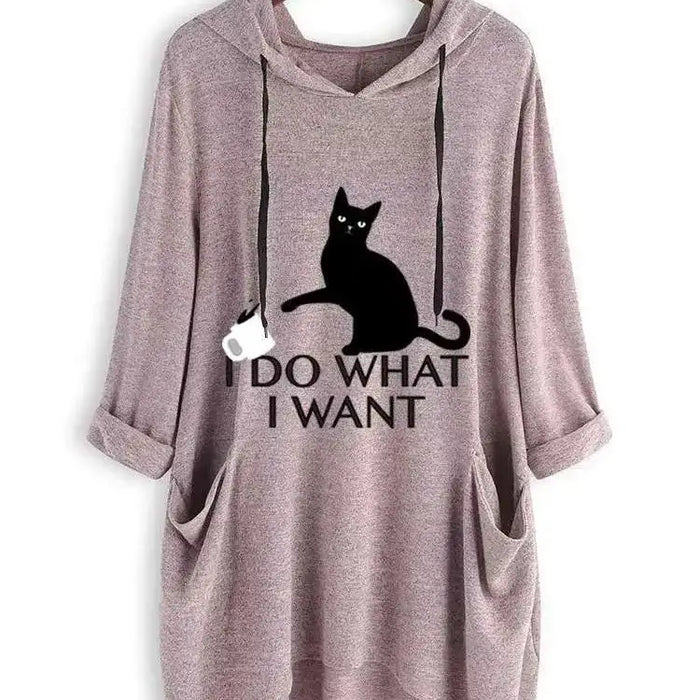 Fashion Trend Loose Large Size Knitted Long Sleeve Hoodie Irregular Cat Print Ladies