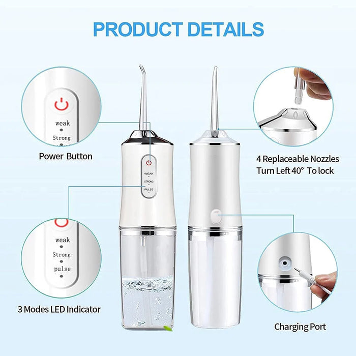 Dental Floss, Portable Cordless Oral Irrigator Cleaning 3 Modes, Waterproof Rechargeable Dental Cleaner, with 4 Nozzles