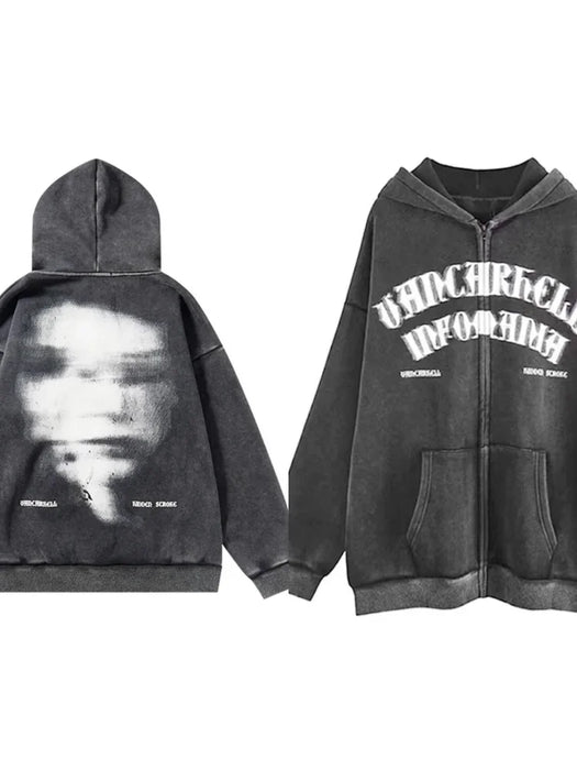 Deeptown Grunge Emo Zip Up Graphic Sweatshirts Oversize Gothic Punk Dark Letter Grey Hoodies Women Hip Hop Streetwear Loose Tops