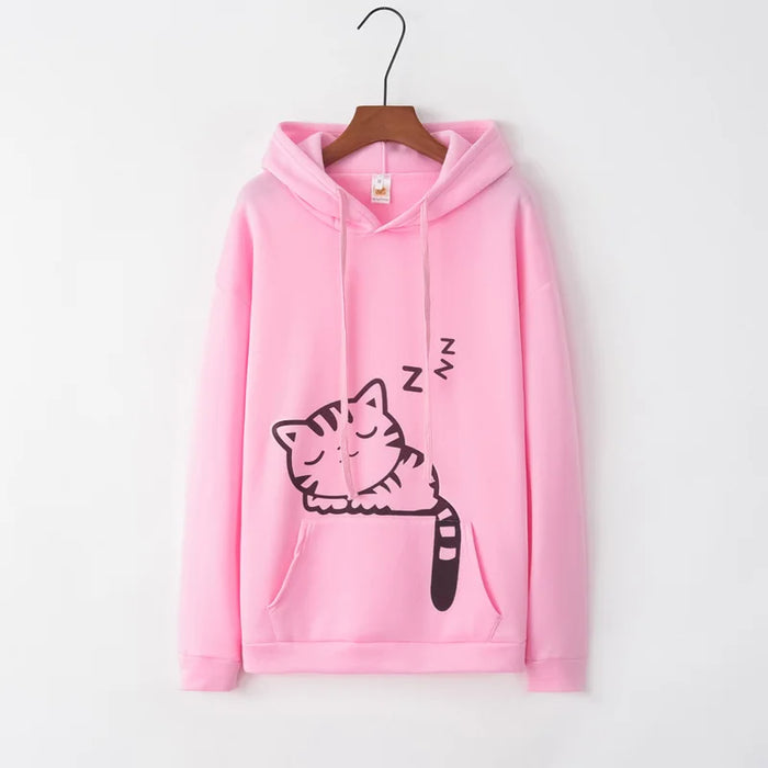 Winter Women's Sweatshirt Cute Cat Ears Hooded Sweatshirt Fashion Cat Print Casual Long Sleeve Pullover Top Daily Commute