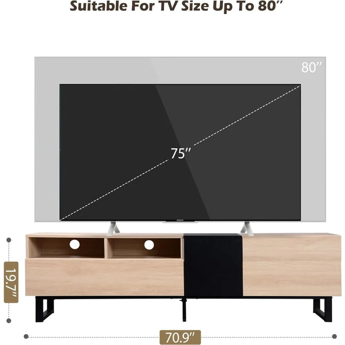 TV Stand with 3 Cabinets & Open Shelves, Minimalist Wooden Entertainment Center for TVs Up to 80”, Sturdy TV Console Decor