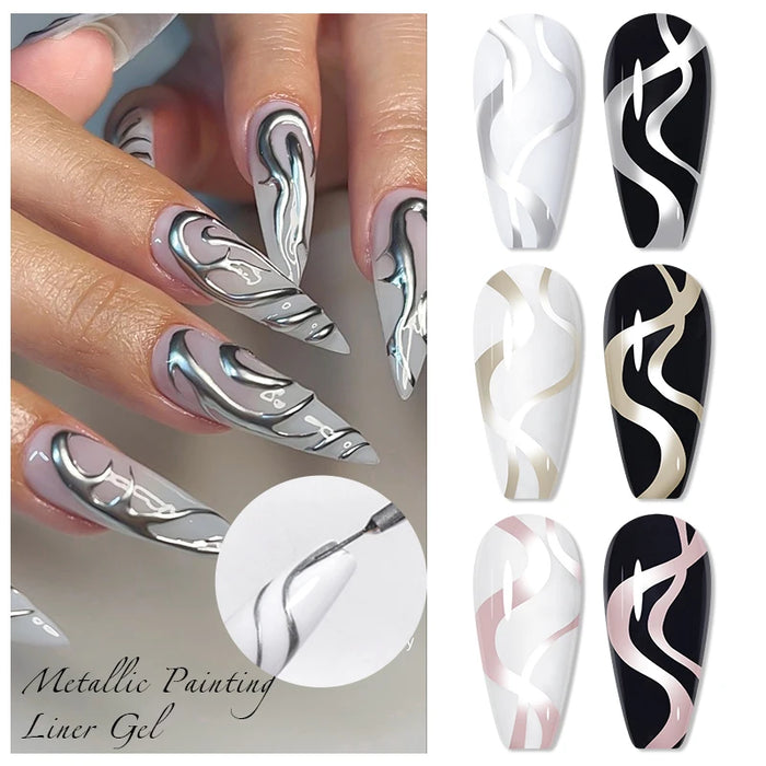 MEET ACROSS 5ml Sliver Metallic Liner Gel Nail Polish Super Bright Mirror Effect Painting Drawing Line Graffiti Stripe Nail Art