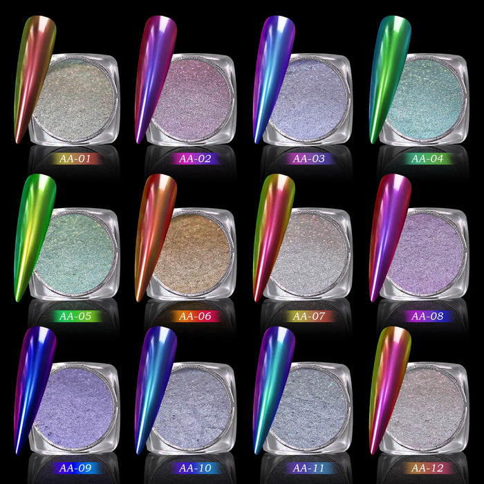 12 Colors Chameleon Metallic Mirror Nails Powder Gold/Blue/Green Super Bright Nails Glitter Rubbing Dust Chrome Nail Powder */Q8