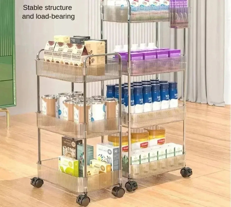 Light Luxury Storage Rack Trolley 2/3/4 Layers Transparent Acrylic Rolling Cart With Removable Hanging Baskets Snacks Bookshelf