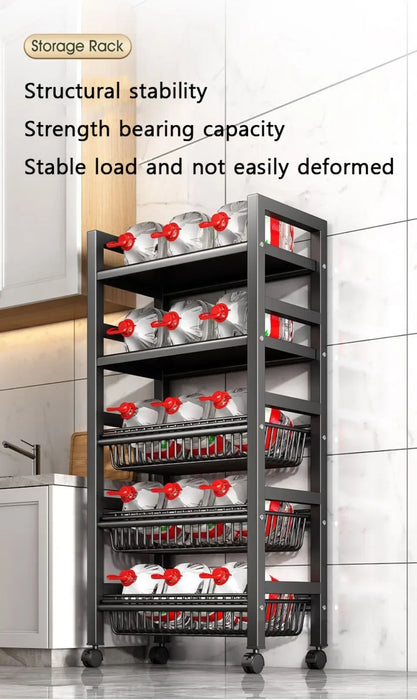 Kitchen Storage Basket Multi-Layer Floor Room Trolley Rack Kitchen Trolley Storage Basket Movable Pot Rack Microwave Shelf Cart