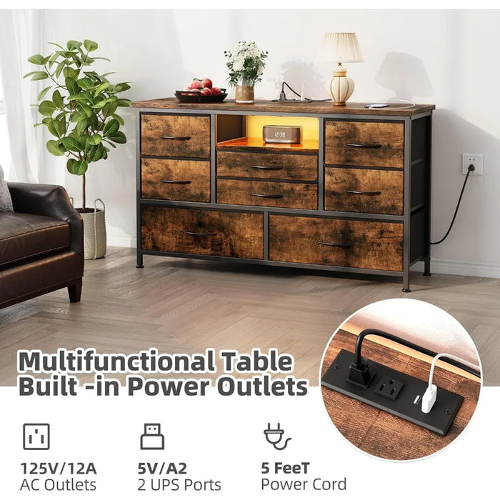 8 Dresser TV Stand with Power Outlet & LED for 55'' TV, Long Dresser for Bedroom with 8 Deep Drawers, Wide Console Table