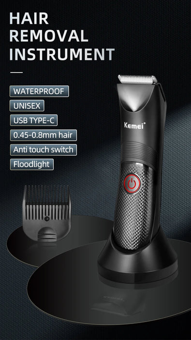 Kemei Electric Hair Clipper Professional Sensitive Area Haircuts Machine IPX7 Waterproof Body Trimmer with Charging Base KM-1838