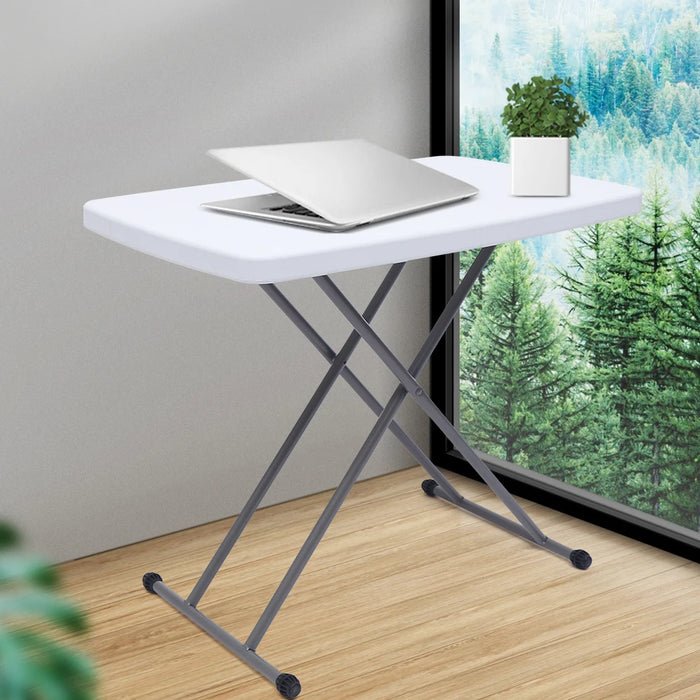 Adjustable Folding Table TV Tray and Lightweight Dinner Table with X Legs and Hard Plastic Top, 35-75CM, White