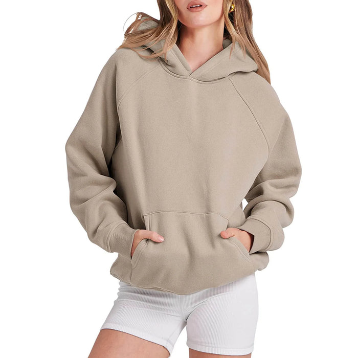 2023 Autumn Casual Basic Women Solid Color Loose Hooded Hoodies Jogger Sweatshirt Winter Front Pockets Pullover Tops Clothes