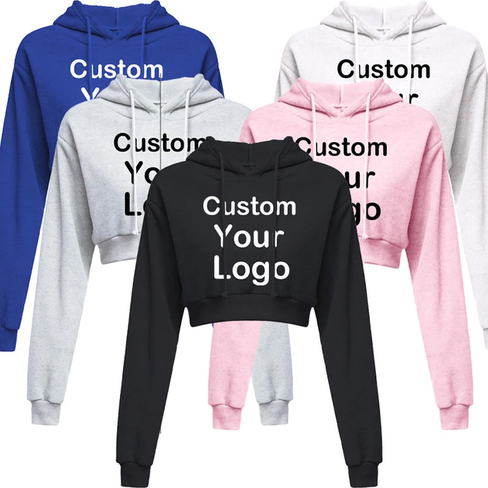 Customized Logo Print  Crop Hoodie Women Spring Autumn Pullovers Ladies Solid Color Drawstring Hooded Full Sleeve Sweatshirt