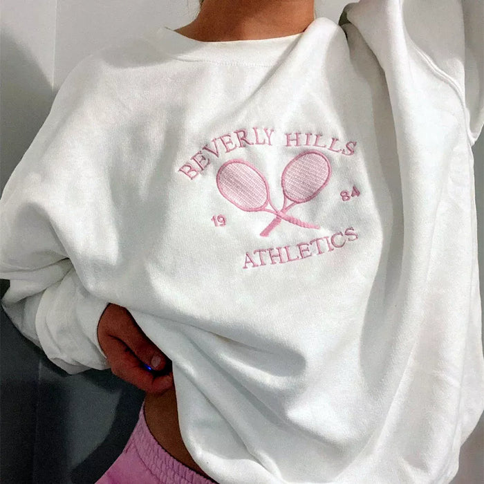 Tennis Athletics Letters Embroidered Sweatshirts Women White Loose Spring Pullover Long Sleeve Retro Thin Cotton Casual Jumpers