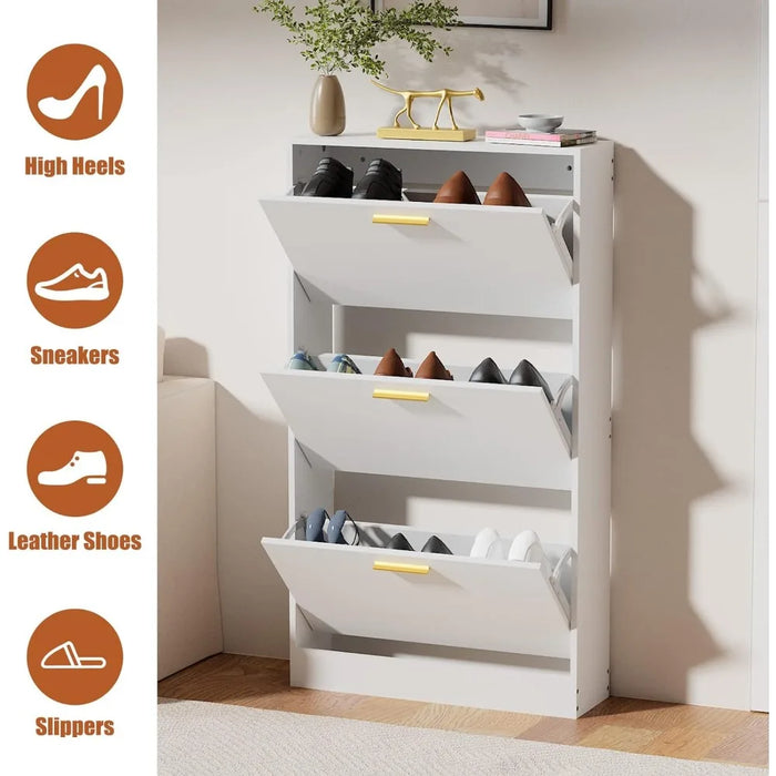 3 Flip Drawers Shoe Cabinet, Freestanding Shoes Rack, Shoes Storage Cupboard Organizer Shoe Organizer, White