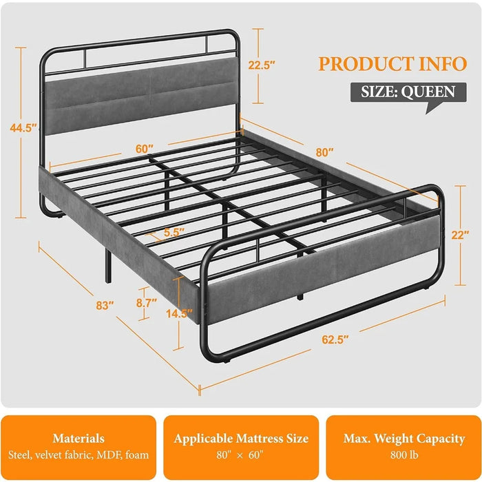 Queen Bed Frame Heavy Duty Metal Bed with Curved Upholstered Headboard Dark Grey Queen Beds