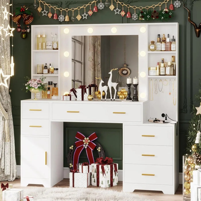 48.8'' Large Vanity Desk with Lighted Mirror & Power Outlet, Black Makeup Vanity Table with 6 Drawers, 4 Shelves and 1 Storage