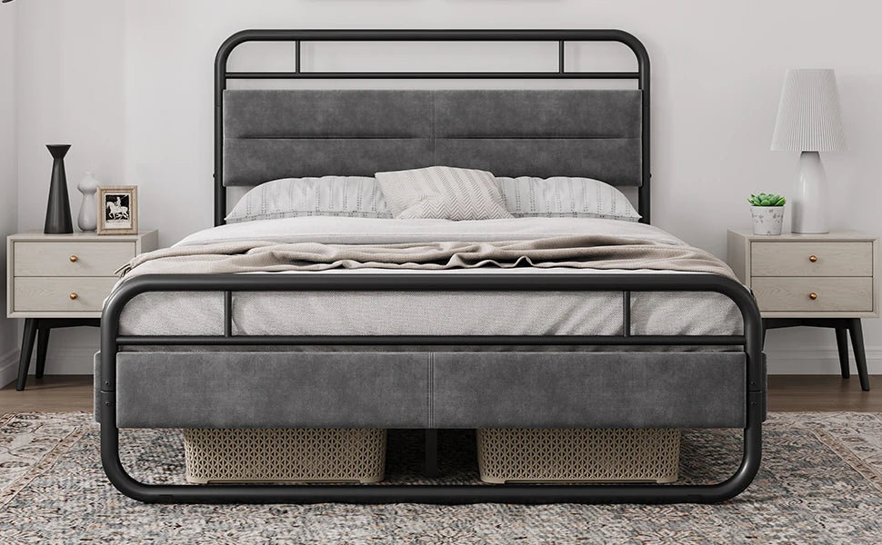 Queen Bed Frame Heavy Duty Metal Bed with Curved Upholstered Headboard Dark Grey Queen Beds