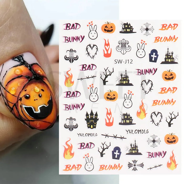 3D Halloween Nail Stickers Decals Skull Flower Evil Eyes Spider Pumpkin Bat Horror Theme Manicure Slider DIY Nail Art BESWJ07-18