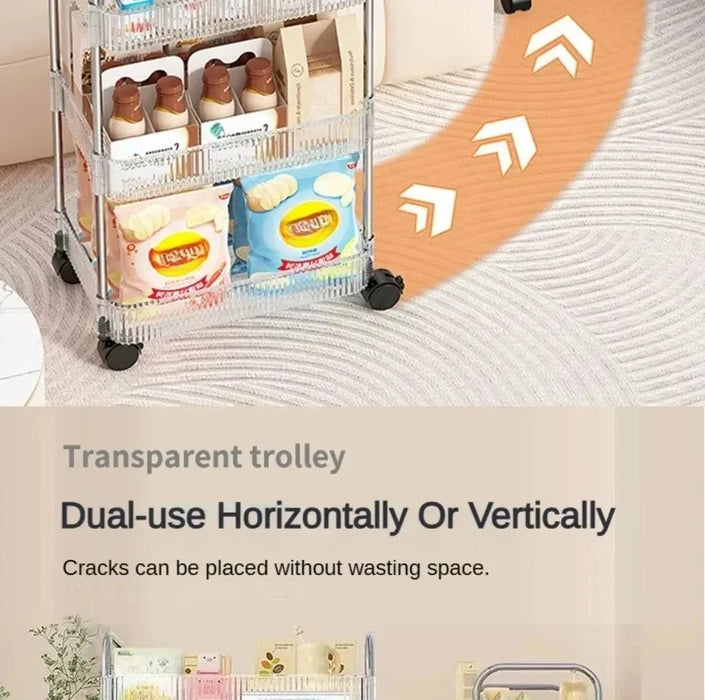 Light Luxury Storage Rack Trolley 2/3/4 Layers Transparent Acrylic Rolling Cart With Removable Hanging Baskets Snacks Bookshelf