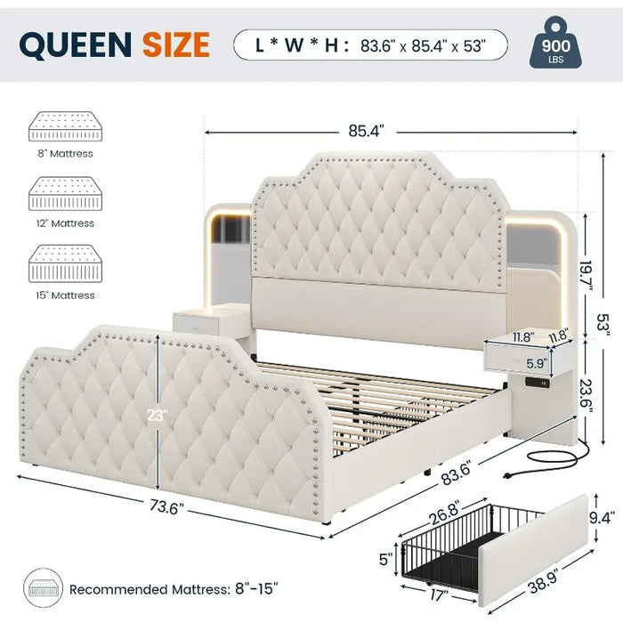 Large 53" with 4 storage drawers, PU leather upholstered queen bed frame, built-in charging station and LED, white