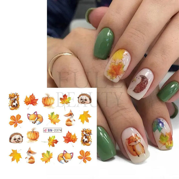 Autumn Fox Maples Nails Stickers Fall Season Leaves Cute Owls Hedgehog Water Decals Nail Charming Sliders Decoration BN2365-2376