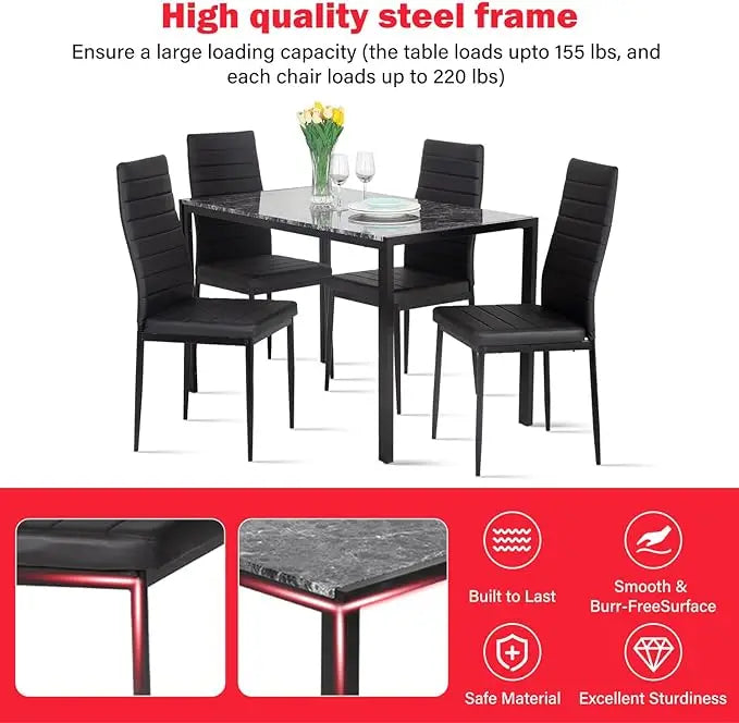 Dining Table and Chairs Set Modern Rectangular Marble Table top with 4 Chairs PU Leather for Dining Room and Kitchen