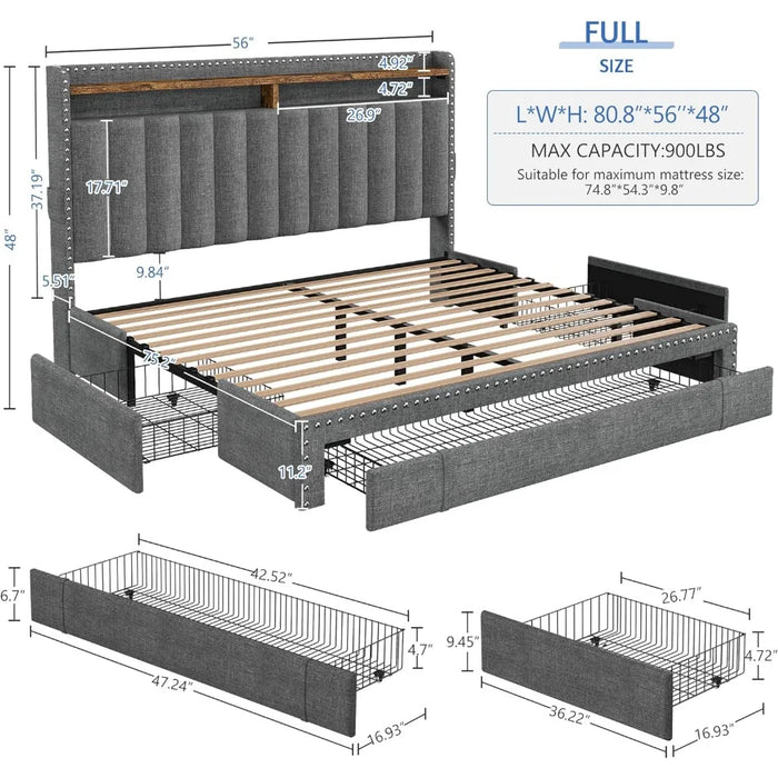 Queen Bed Frame,Upholstered Platform Bed Frame Queen Size with 3 Storage Drawers,Queen Size Bed Frame with Storage