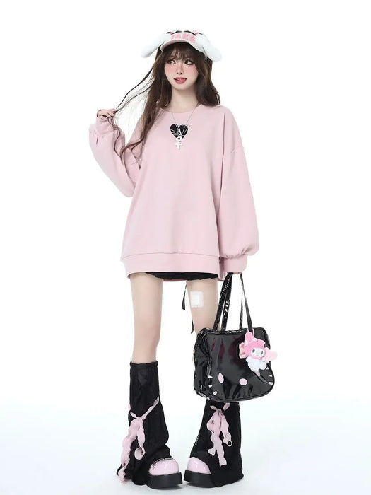 Sweet and Cool Style Love Heart Print Bow Tie Round Neck Sweater Women Spring and Autumn Fashion Loose Relaxed Long Sleeve Top