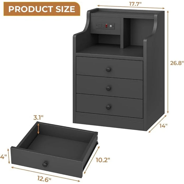 Black Nightstand with Charging Station 3 Drawers, Wood Sofa End Side Table with USB Ports and Outlet