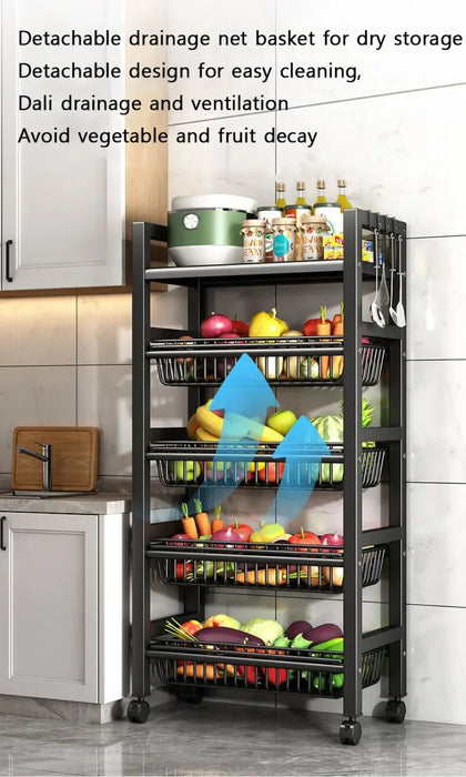 Kitchen Storage Basket Multi-Layer Floor Room Trolley Rack Kitchen Trolley Storage Basket Movable Pot Rack Microwave Shelf Cart