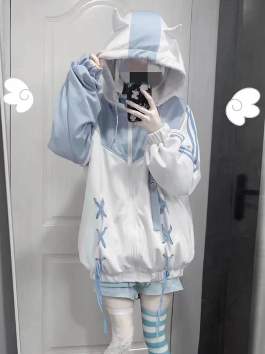 Japanese Kawaii Clothing Harajuku Goth Sweet Stitch Long Sleeved Top Anime Hoodie Cute Oversized Zipper Hooded Sweatshirt Women