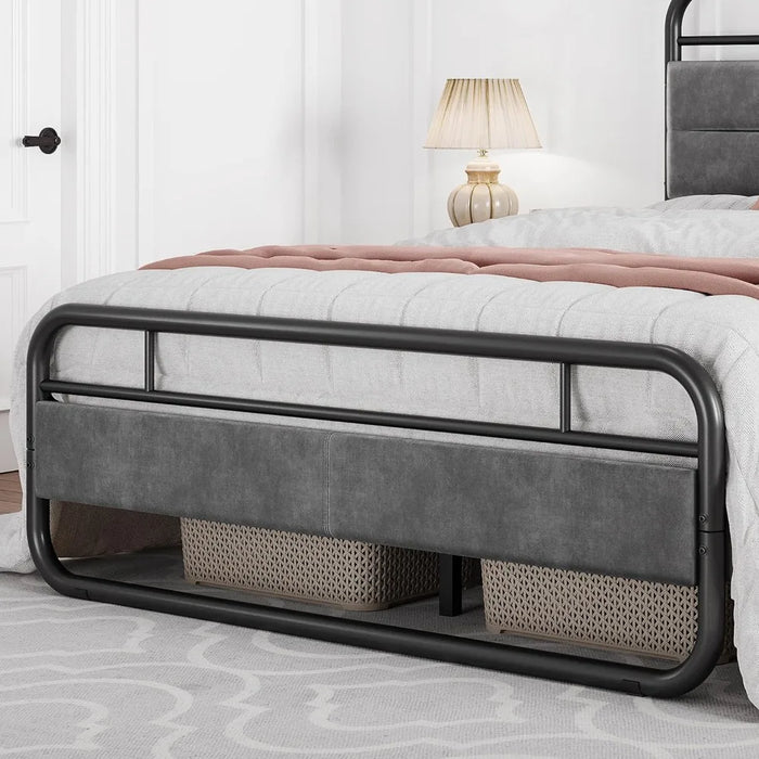 Queen Bed Frame Heavy Duty Metal Bed with Curved Upholstered Headboard Dark Grey Queen Beds