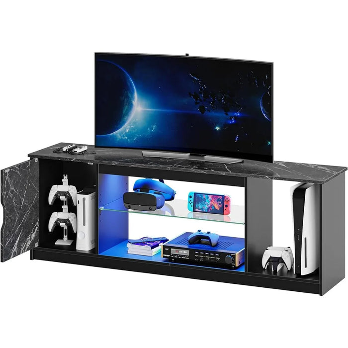 TV Stand ,Modern Gaming Entertainment Center with Cabinet for 60/65 Inch TV, TV Console with Adjustable Glass Shelf Black Marble