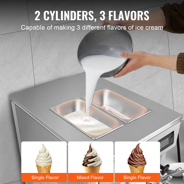 VEVOR Commercial Ice Cream Machine 18-28 L/H Yield 1850W 3-Flavor Countertop Soft Serve Ice Cream Maker Stainless Steel Cylinder