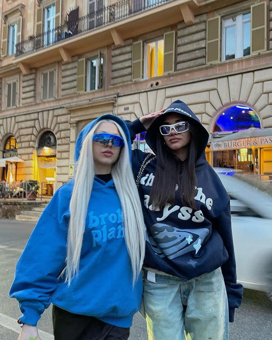 Spring and autumn pink broken planet foam Hoodies female European and American popular loose casual couple street clothes