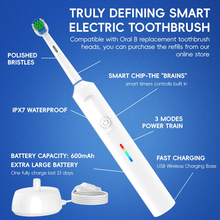 Smart Wireless Charging Rotating Electric Toothbrush, Rechargeable Electric Rotary Toothbrush Compatible with Oral B Brush Head