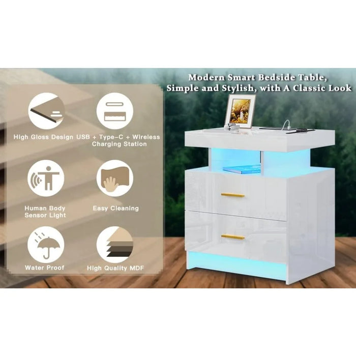 Auto LED Nightstand With Wireless Charging Station & USB Ports Bedside Tables for the Bedroom Furniture Nightstands Mobile Home