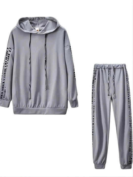 Striped Casual Two-piece Set  Drawstring Hooded Drop Shoulder Tops & Long Length Loose Pants Set, Women's Clothing