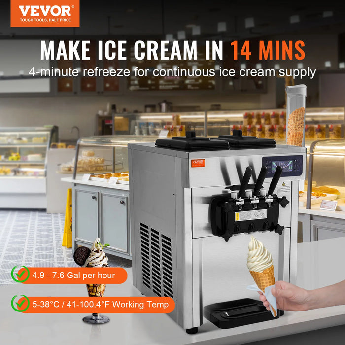 VEVOR Commercial Ice Cream Machine 18-28 L/H Yield 1850W 3-Flavor Countertop Soft Serve Ice Cream Maker Stainless Steel Cylinder