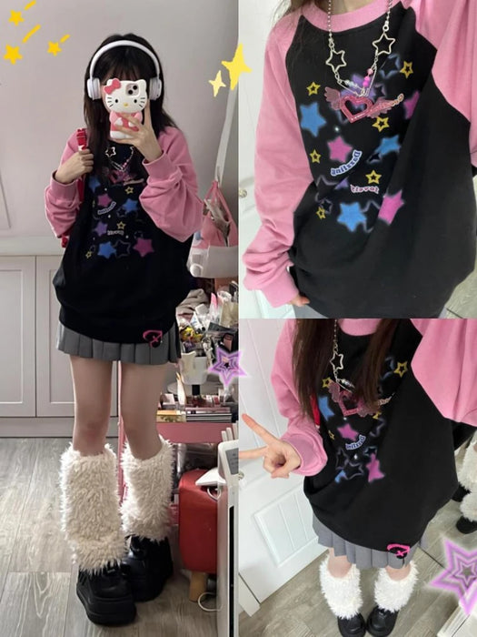 Deeptown Y2K Aesthetic Star Print Hoodies Women Harajuku Kpop Casual Oversized Sweatshirts Streetwear Loose Pullover Tops E-girl