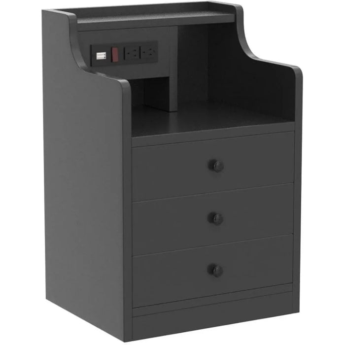 Black Nightstand with Charging Station 3 Drawers, Wood Sofa End Side Table with USB Ports and Outlet