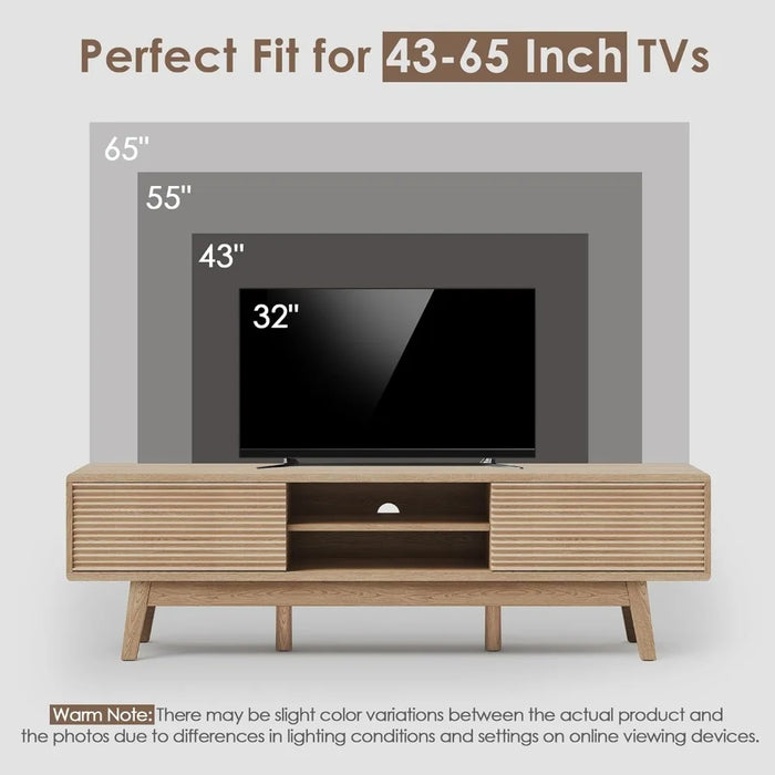 Buytime 59" Mid Century Modern Wood TV Console, Boho TV Stand for 55/60/65 Inch TV, Low Profile Media Console with Fluted Slidin